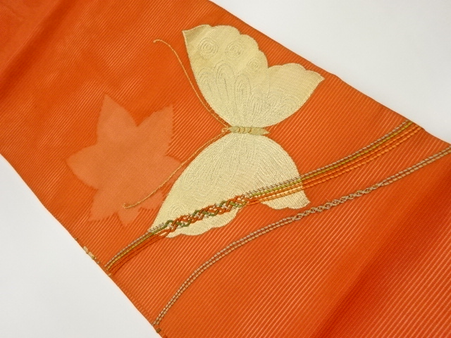 絽紐通し蝶に紅葉模様織出し名古屋帯